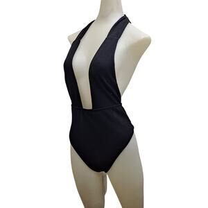 NWT Largeberry Women's Medium One Piece Swimsuit Black Deep Front Plunge Tie